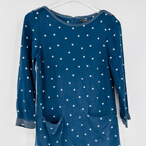 J. Crew Size 00 Navy Blue & White Polka Dot 100% Silk 3/4 Sleeve Shift Dress - Picture 4 of 11